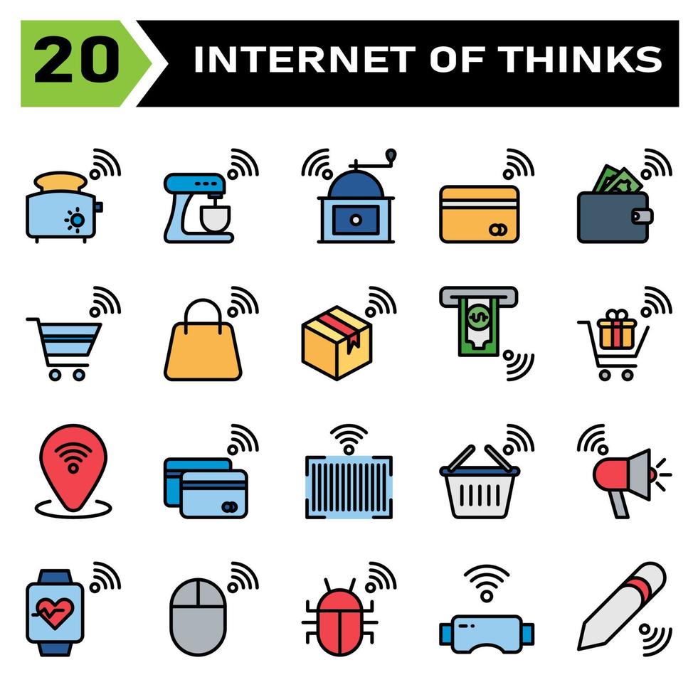 internet av saker ikon uppsättning inkludera brödrost, bröd, internet av saker, mixer, kvarn, kaffe, kreditera kort, betalning, plånbok, pengar, vagn, vagn, väska, låda, paket, köpa, gåva, stift, plats, bar koda vektor