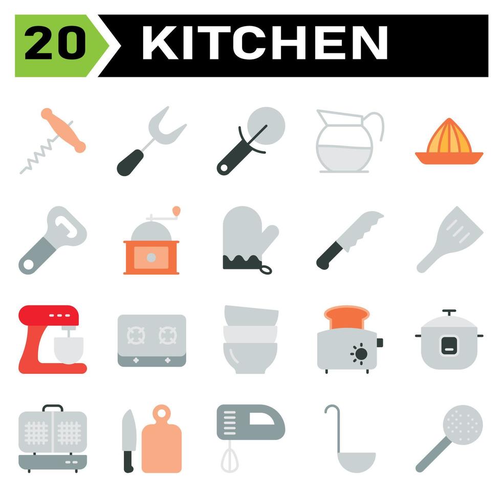 Das Icon-Set für Küchengeräte umfasst Korkenzieher, Flasche, Öffner, Wein, Ausrüstung, Schnitzen, Schnitzen, Gabel, Küche, Utensilien, Cutter, Pizza, Schneiden, Kaffee, Dekanter, Topf, Getränk, Presse, Presse, Zitrone, Zitrusfrüchte vektor