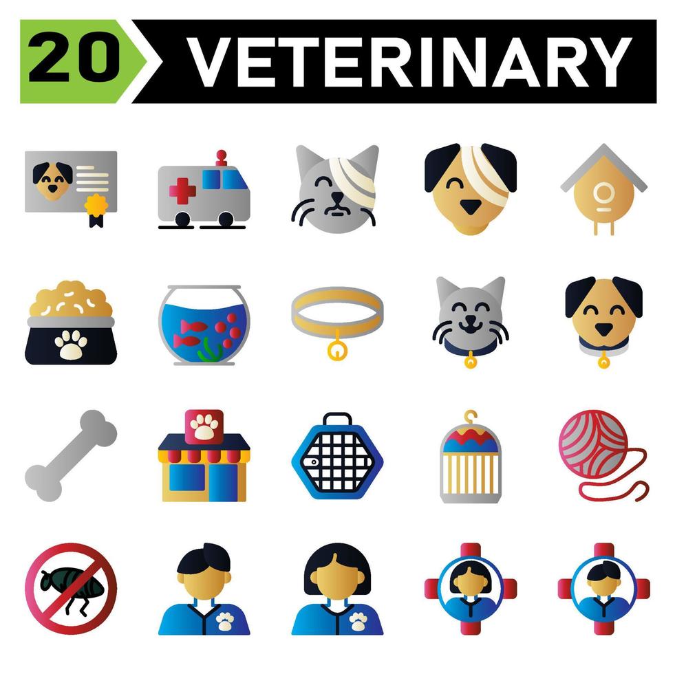 Das Veterinär-Icon-Set umfasst Zertifikat, Impfstoff, Tier, Haustier, Hund, Krankenwagen, Auto, Rettung, Haustier, Tierrettung, Verband, Katze, Haustier, Tierarzt, Tierarzt, Verband, Hund, Haustier, Tierarzt, Tierarzt, Vogelhaus, Nest vektor