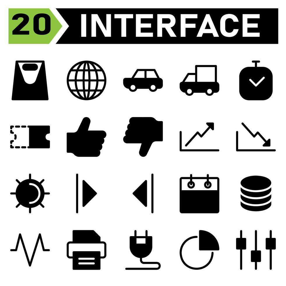 webb gränssnitt ikon uppsättning inkludera väska, webb app, portfölj, fall, portfölj, värld, klot, global, jorden, bil, transport, fordon, bil, lastbil, leverans, tid, datum, klocka, klocka vektor