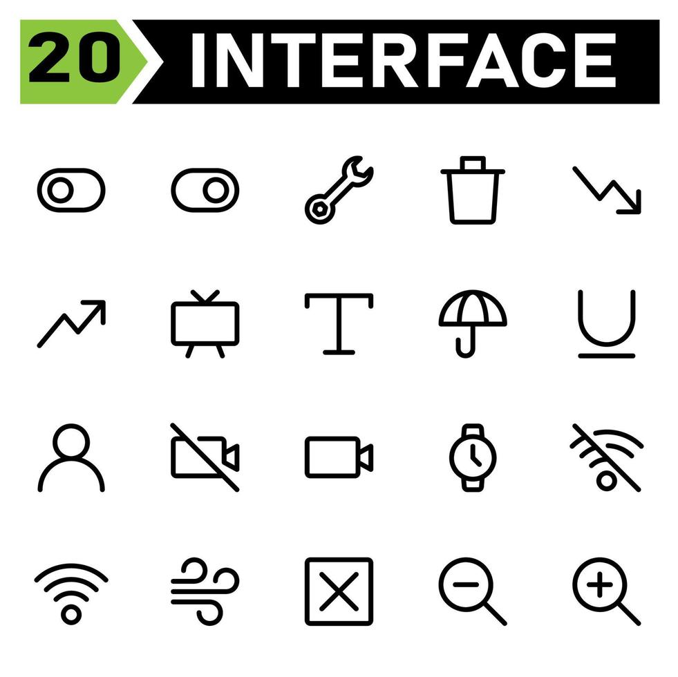 Das Symbolset für die Benutzeroberfläche umfasst Umschalten, Links, Schalter, Option, Benutzeroberfläche, Rechts, Werkzeuge, Werkzeug, Einstellung, Einstellung, Reparatur, Papierkorb, Löschen, Dose, Entfernen, Trend, Abwärts, Pfeile, Pfeil vektor