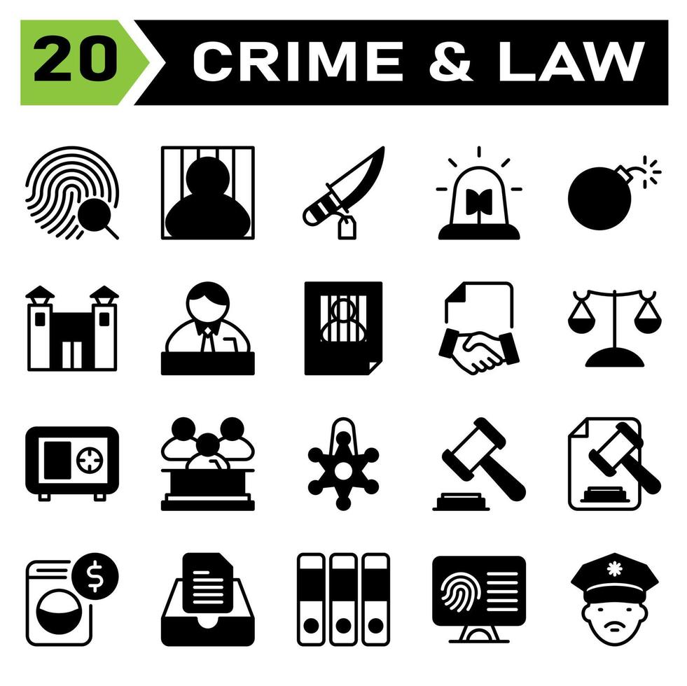 Kriminalitäts- und Rechtssymbole umfassen Fingerabdrücke, Identifizierung, Ermittlungen, Beweise, Suche, Gefängnis, Gefangene, Verbrecher, Verurteilte, Gefängnis, Messer, Kriminalität, Waffe, Sirene, Krankenwagen, Polizei, Notfall vektor