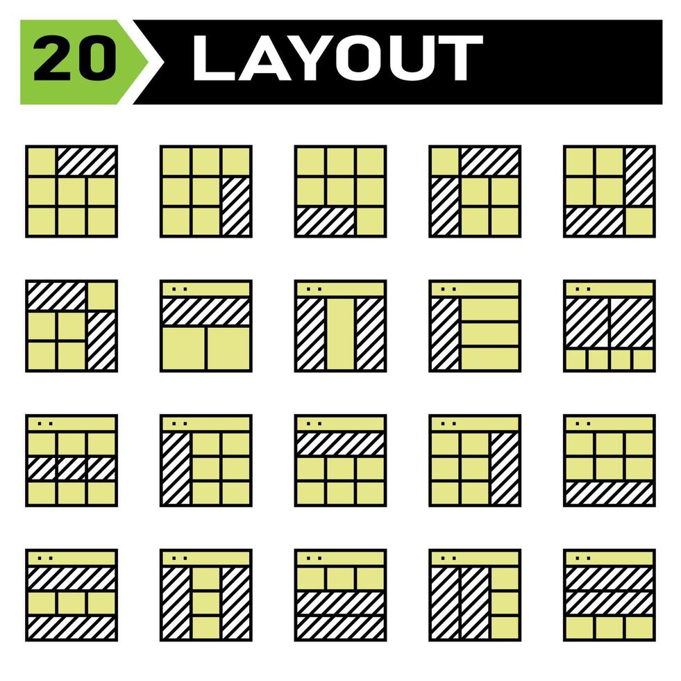 Das Layout-Icon-Set umfasst Layout, Raster, Dashboard, Schnittstelle, Benutzeroberfläche, Ausrichtung, Vorlage, Design, Flayer, Grafik, Cover, Poster, Vektor, Banner, Kreativ, Konzept, Broschüre, abstrakt, modern, Bus vektor