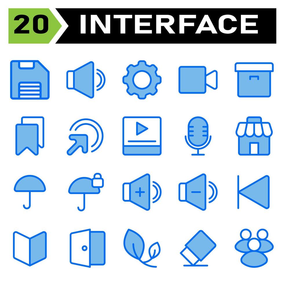 användare gränssnitt ikon uppsättning inkludera spara, lagring, data, fil, ladda ner, ljud, volym, audio, högtalare, miljö, redskap, konfiguration, optimering, video, spela in, kamera, användare gränssnitt, filma, arkiv, låda vektor
