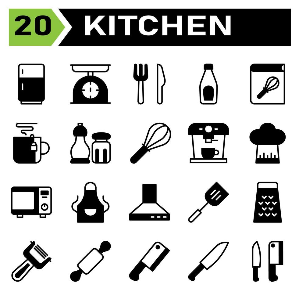 Das Icon-Set für Küchengeräte umfasst Kühlschrank, Fransen, Küche, Ausrüstung, Waage, Waage, Gewicht, Gabel, Messer, Besteck, Flasche, Soße, Tomate, Ketchup, Rezept, Buch, Koch, Kochbuch, Kochen, Kaffee vektor