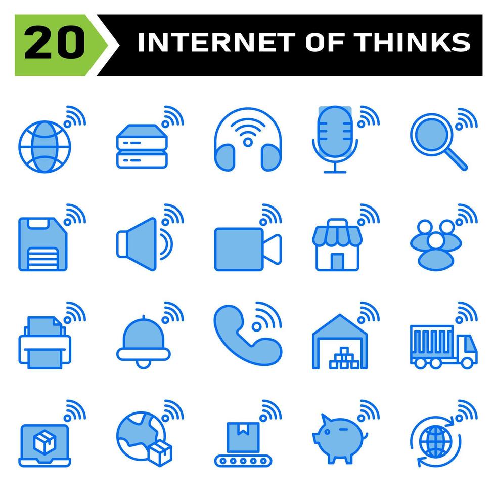 internet av saker ikon uppsättning inkludera värld, jorden, internet av saker, hård disk, kör, hörlurar, headset, mikrofon, Sök, hitta, spara, lagring, ljud, volym, video, spela in, Lagra, affär, människor vektor