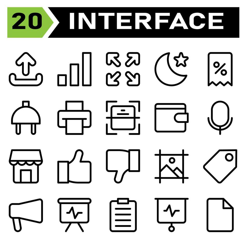 Das Symbolset für die Benutzeroberfläche umfasst Upload, Zeichen, Element, Benutzeroberfläche, Anwendung, Signal, Sperre, Vollbild, Benutzerinteraktion, Pfeile, Nacht, Modus, Mond, Stern, App, Rabatt, Gutschein, E-Commerce vektor