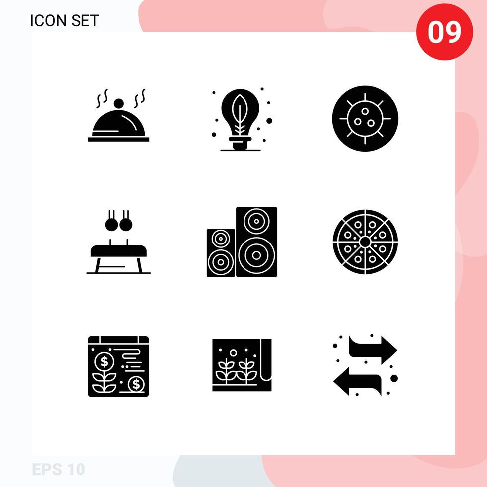 9 solides Glyphenkonzept für mobile Websites und Apps Hifi-Sport Bakterienringe Fitness editierbare Vektordesign-Elemente vektor