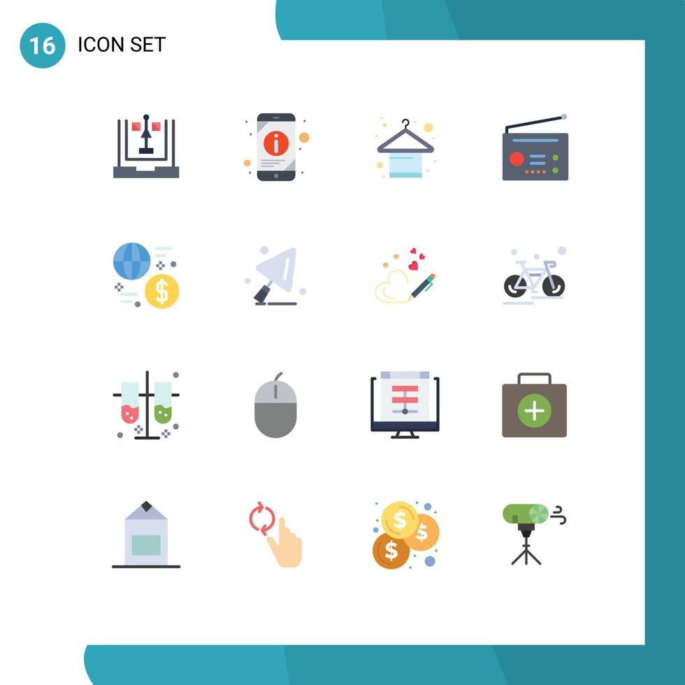 Packung mit 16 modernen, flachen Farbzeichen und Symbolen für Web-Printmedien wie Währungs-Radio-Telefon-Gadgets Mode-bearbeitbare Packung kreativer Vektordesign-Elemente vektor