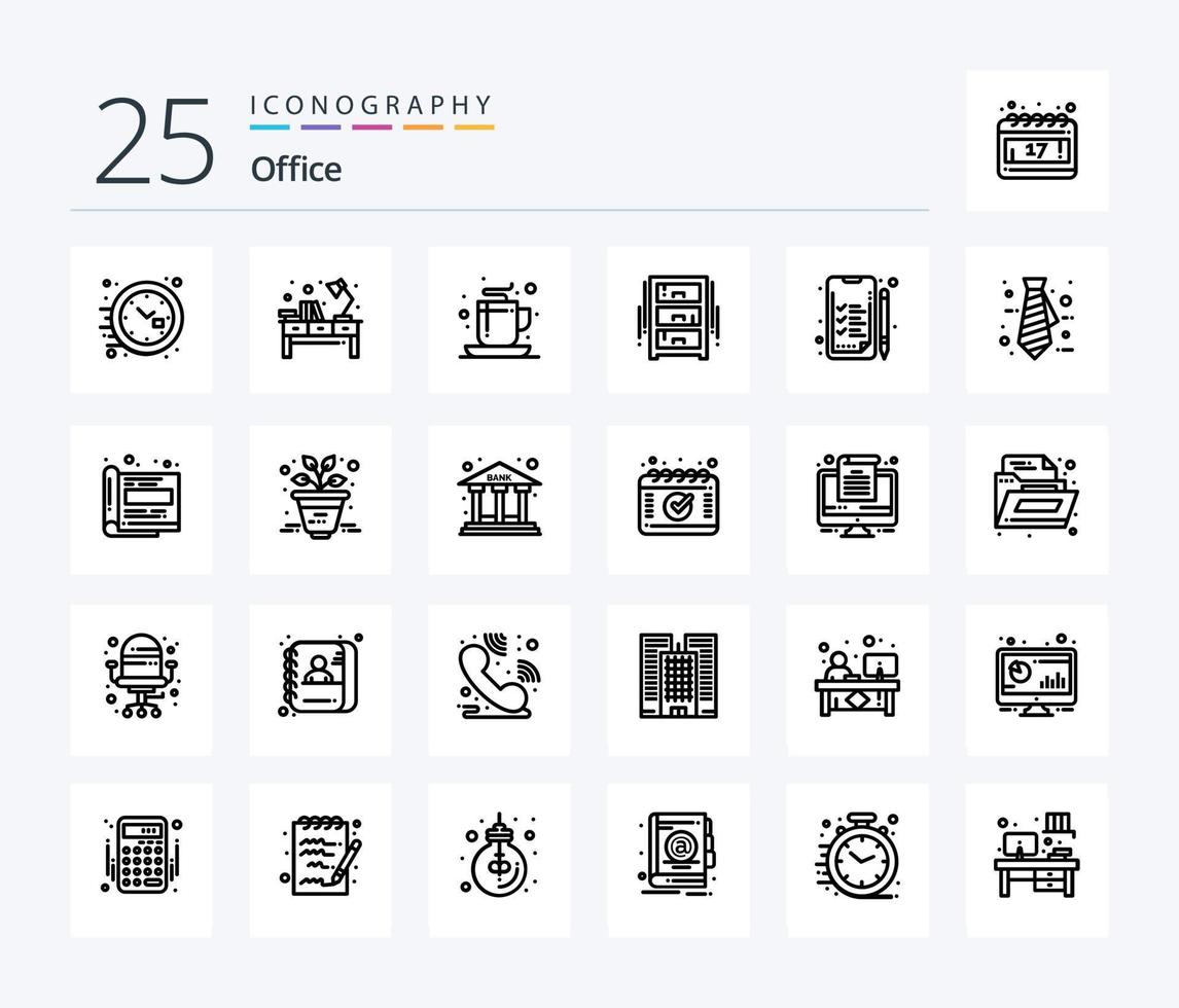 Office 25 Line Icon Pack inklusive Kleiderschrank. Innere. Arbeitsplatz. Möbel. Tee vektor