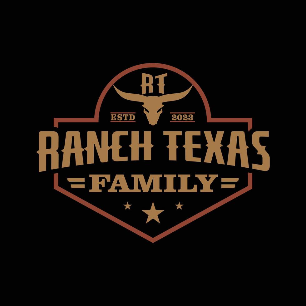 årgång retro ranch texas familj långhorn, Västra stat tjur ko. brev r,t årgång märka logotyp design emblem, vektor