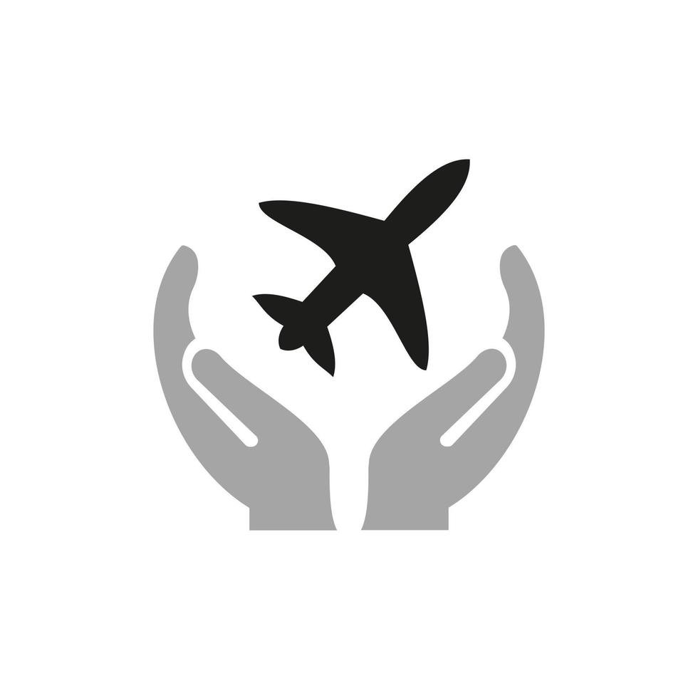 Handflugzeug-Logo-Design. Reiselogo mit Handkonzeptvektor. Hand- und Flugzeug-Logo-Design vektor