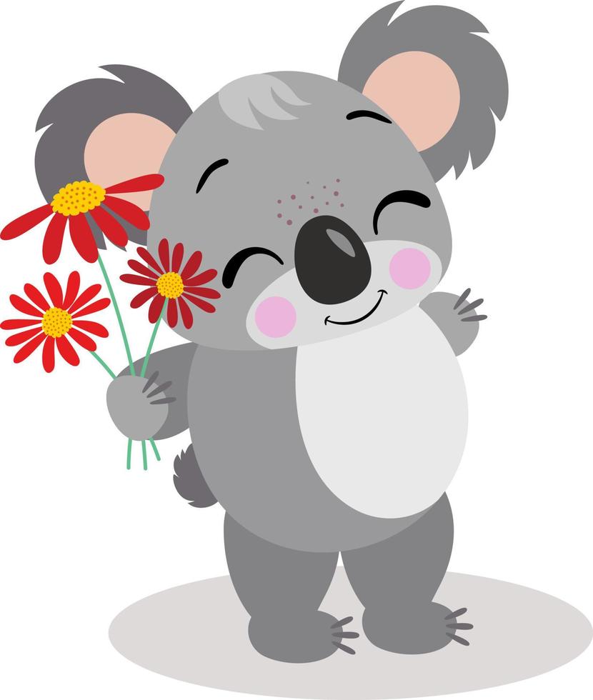 liebevoller koala, der einen strauß roter blumen hält vektor