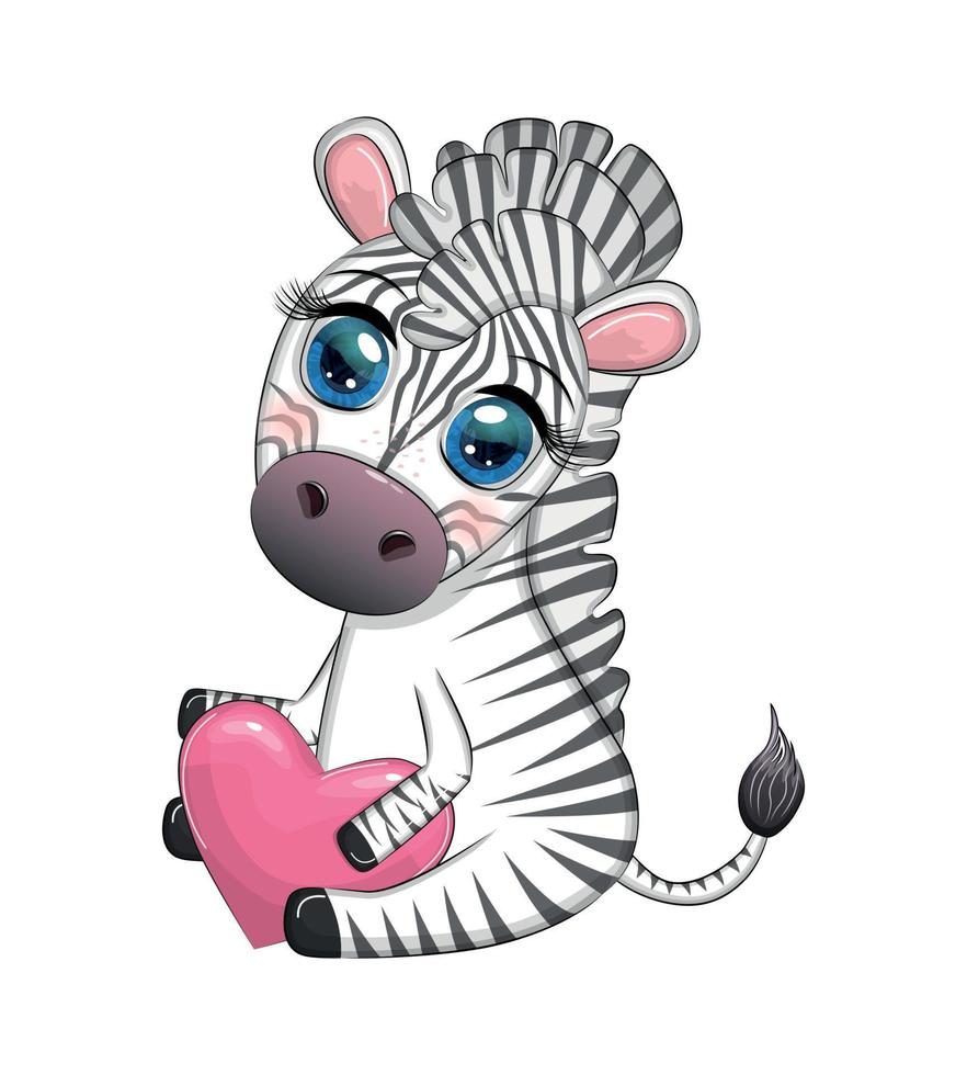söt zebra innehar en hjärta i henne händer. hjärtans dag kort vektor