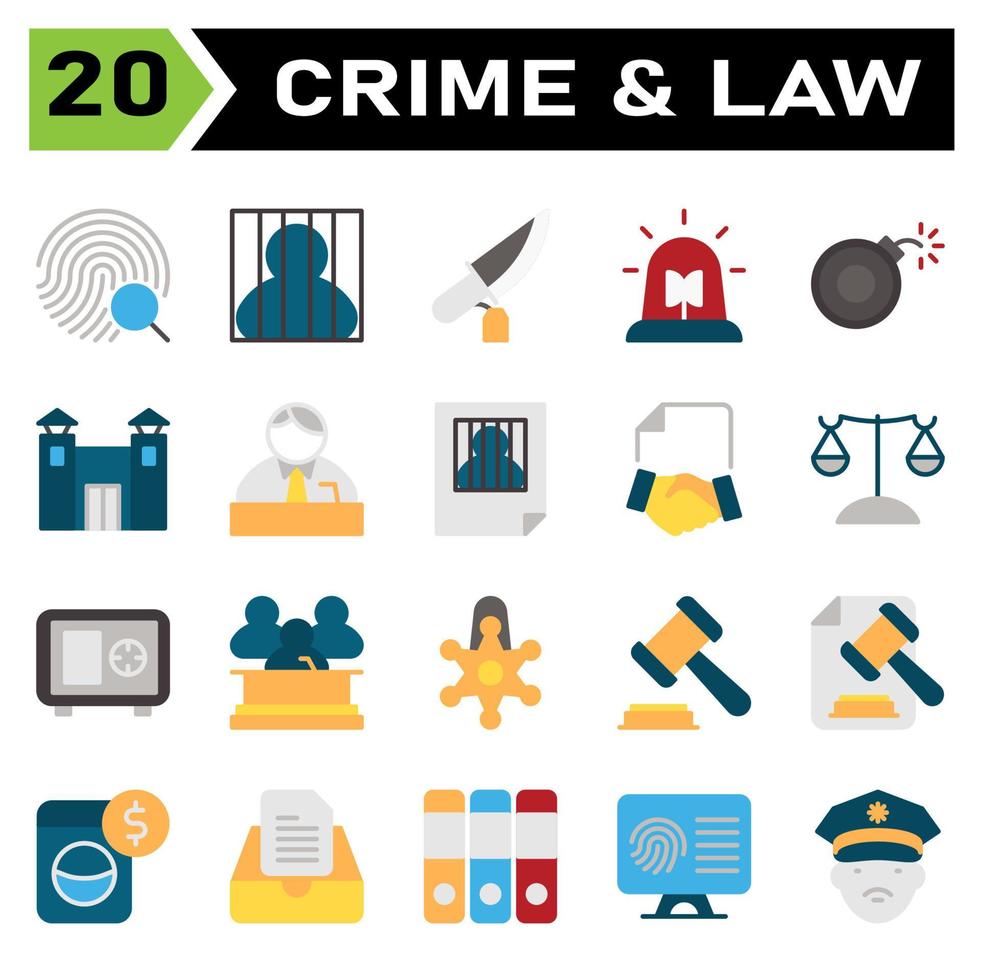 brottslighet och lag ikon uppsättning inkludera fingeravtryck, Identifiering, undersökning, bevis, Sök, fängelse, fånge, kriminell, fånge, fängelse, kniv, brottslighet, vapen, siren, ambulans, polis, nödsituation vektor