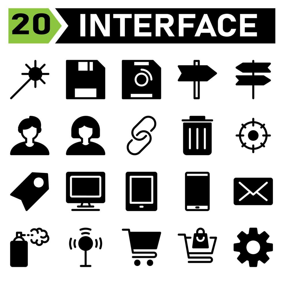 Webinterface-Icon-Set umfasst Zauberstab, Web-App, Magie, Assistent, Schnittstelle, Speichern, Festplatte, Diskette, Diskette, Richtung, Zeichen, Punkt, Entscheidung, Benutzer, Männer, Person, Administrator, Avatar, Frau, Link, Hyperlink, Kette vektor