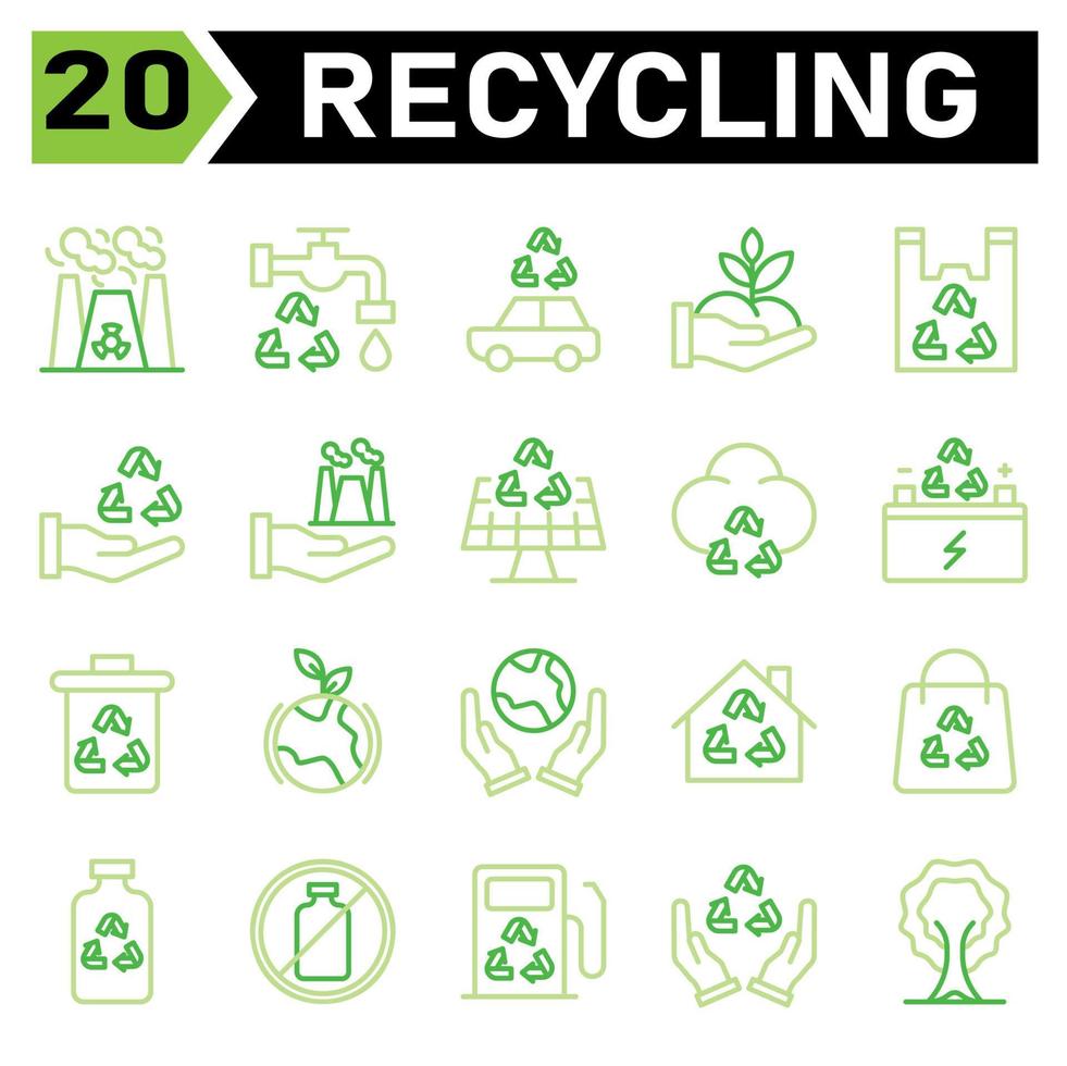 Das Ökologie- und Recycling-Icon-Set umfasst nuklear, radioaktiv, Strahlung, giftig, Strom, Wasserhahn, Wasser, Ökologie, Öko, Fahrzeug, Recycling, Auto, Transport, hatte, freundlich, Pflanze, Natur, Plastik, Tasche vektor