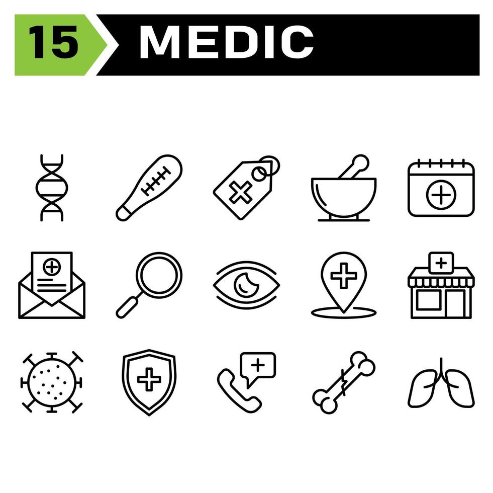 Medizin-Icon-Set umfasst Biologie, Vererbung, Genetik, Biotechnologie, Moleküle, Schwangerschaftsstreifen, medizinisches Gerät, medizinischer Test, Gesundheit, Medizin, Tag, Krankenhaus, Apotheke, Medizin, Trank, Medikament vektor