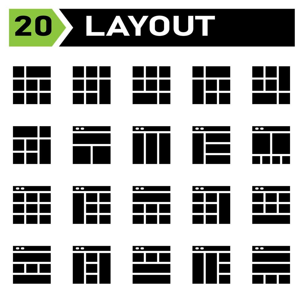 Das Layout-Icon-Set umfasst Layout, Raster, Dashboard, Schnittstelle, Benutzeroberfläche, Ausrichtung, Vorlage, Design, Flayer, Grafik, Cover, Poster, Vektor, Banner, Kreativ, Konzept, Broschüre, abstrakt, modern, Bus vektor