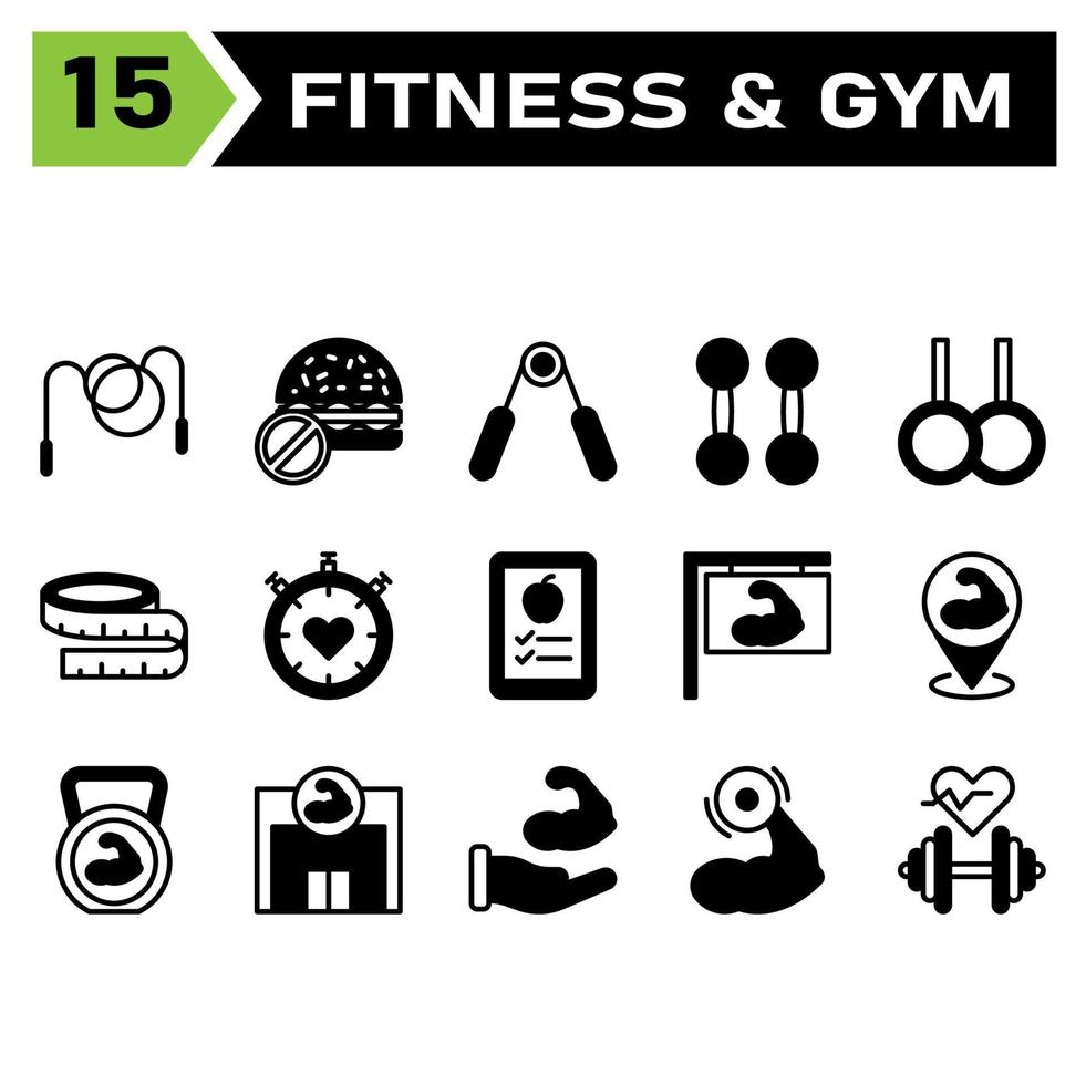 Das Symbolset für Gesundheit und Fitness umfasst Seil, Sprung, Überspringen, Gesund, Fitness, Fitnessstudio, Burger, kein Essen, ungesund, Essen, Ernährung, Greifer, Greifer, Hand, Bodybuilding, Heben, Gewicht, Aerobic, Bewegung vektor