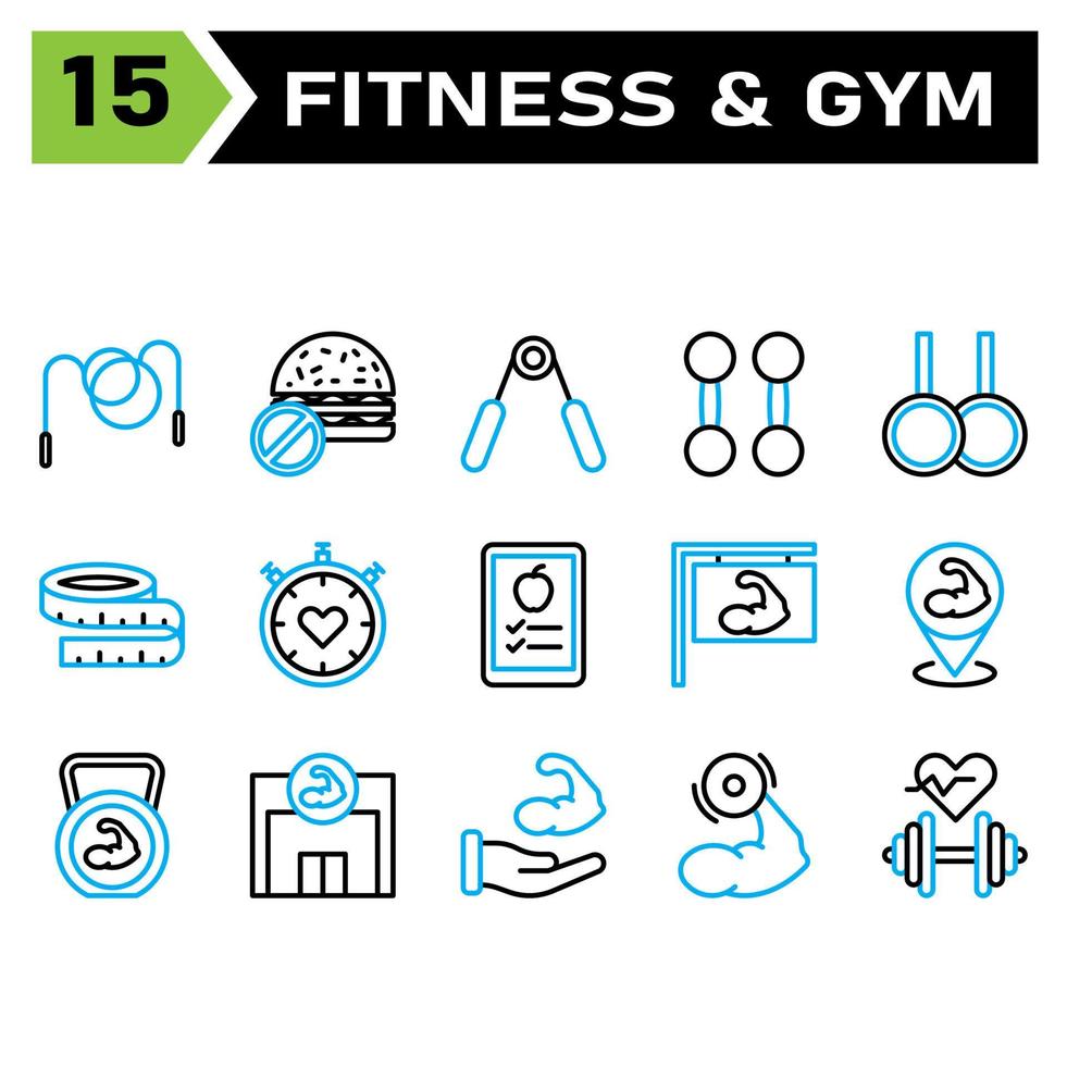 Das Symbolset für Gesundheit und Fitness umfasst Seil, Sprung, Überspringen, Gesund, Fitness, Fitnessstudio, Burger, kein Essen, ungesund, Essen, Ernährung, Greifer, Greifer, Hand, Bodybuilding, Heben, Gewicht, Aerobic, Bewegung vektor