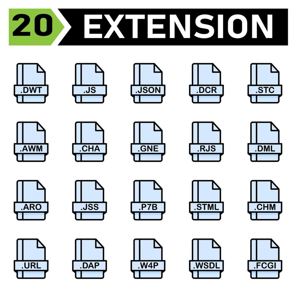 Das Dateierweiterungssymbolset umfasst dwt, js, json, dcr, stc, awm, cha, gne, rjs, dml, aro, jss, p7b, stml, chm, url, dap, w4p, wsdl, fcgi, file, document, extension , Symbol, Typ, Satz, Format vektor