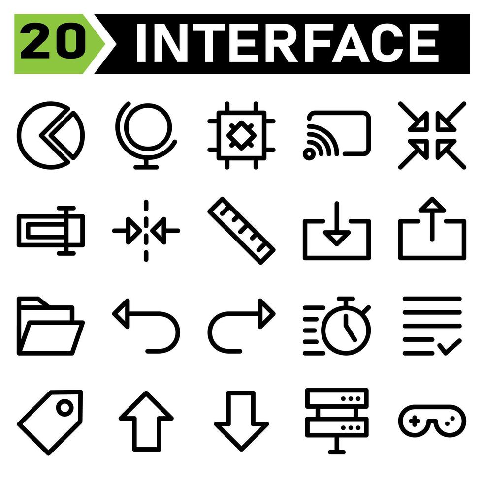 Das Symbolset für die Benutzeroberfläche umfasst Kuchen, Einkaufswagen, Infografik, Diagramm, Benutzeroberfläche, Globus, Welt, Internet, Erde, Chip, Chipsatz, Prozessor, Besetzung, Aufzeichnung, Streaming, Feed, Zusammenbruch, Pfeile, Zoom vektor