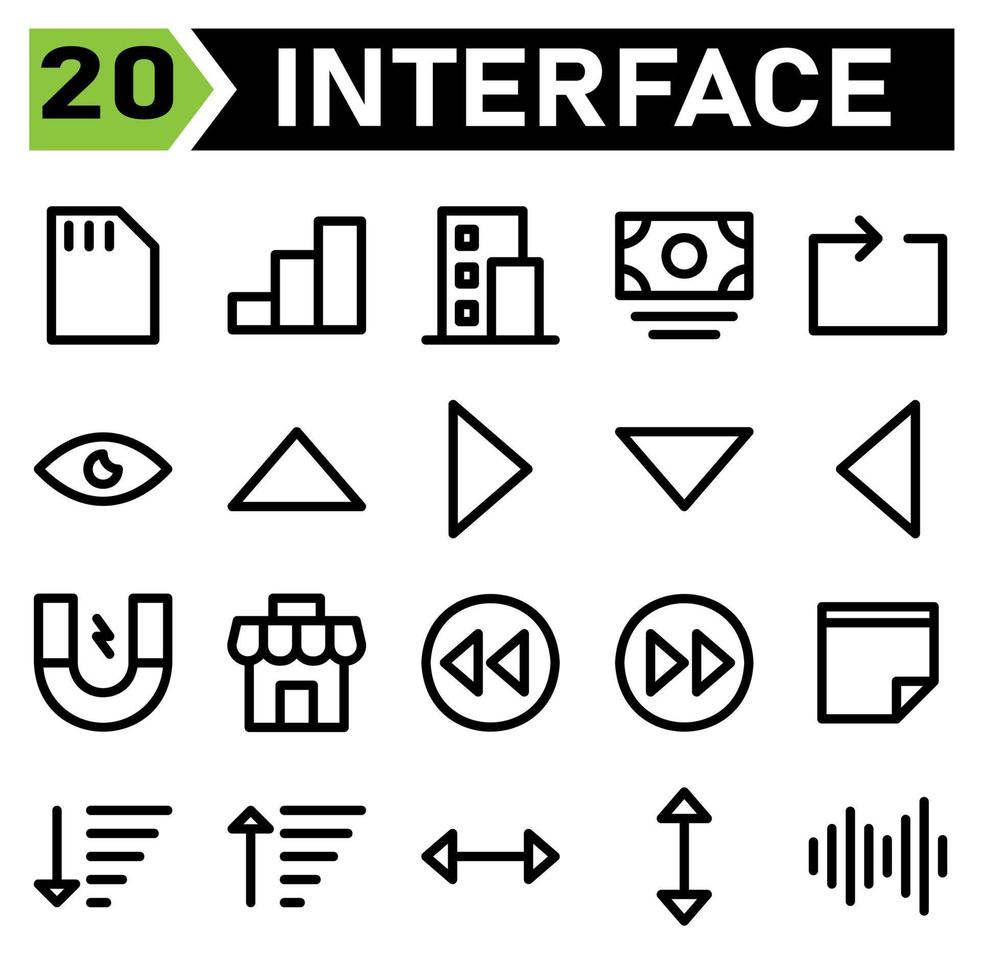 Das Icon-Set für die Benutzeroberfläche umfasst Speicher, Karte, Chip, Benutzeroberfläche, Diagramm, Balken, Grafik, Analysten, Gebäude, Büro, modern, Gebäude, Geld, Bargeld, Zahlung, Dollar, Wiederholung, Schleife, Pfeile, Pfeil vektor