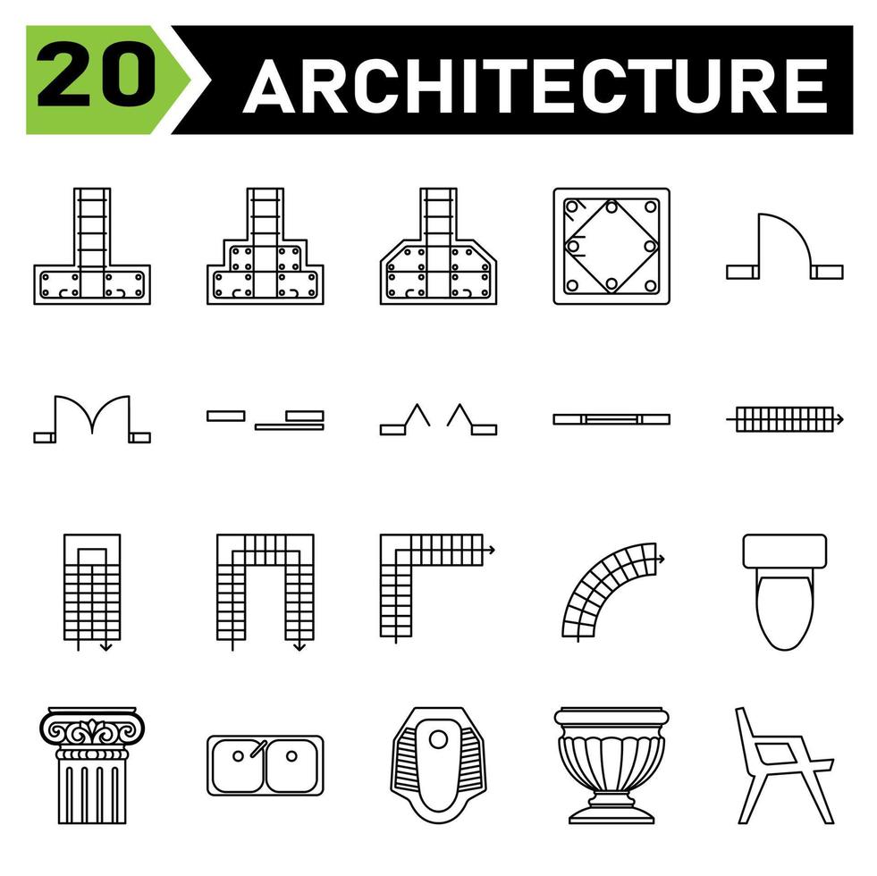 Das Symbolset für Architektursymbole umfasst Polster, Fundament, Struktur, Stufen, Schrägen, Säule, Beton, Einfach, Tür, Doppel, Schieben, Fenster, Belüftung, Treppe, Gang, Schritt, u-Treppe, l-Treppe, gebogen, Toilette vektor