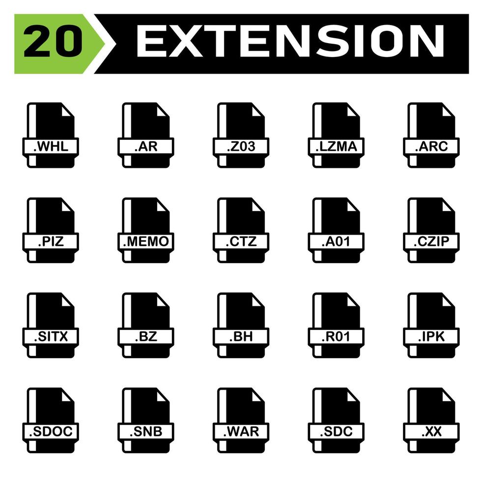 Symbolsatz für Dateierweiterungen umfasst Datei, Dokument, Erweiterung, Symbol, Typ, Satz, Format, Vektor, Symbol, Design, Grafik, Software, Zeichen, Anwendung, Bild, Etikett, whl, ar, z03, lzma, arc, piz, memo , ctz vektor