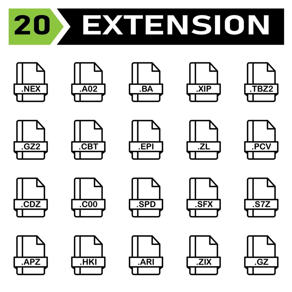 Dateierweiterungssymbolsatz enthält Datei, Dokument, Erweiterung, Symbol, Typ, Satz, Format, Vektor, Symbol, Design, Grafik, Software, Zeichen, Anwendung, Bild, Etikett, nex, a02, ba, xip, tbz2, gz2, cbt , epi vektor