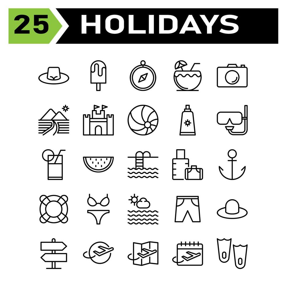 Feiertagssymbole umfassen Hut, Mode, Strand, Mütze, Urlaub, Reise, Eis, Dessert, Kälte, Navigation, Kompass, Richtung, Ort, Kokosnuss, Getränk, Saft, Getränk, Kamera, Foto, Fotografie vektor