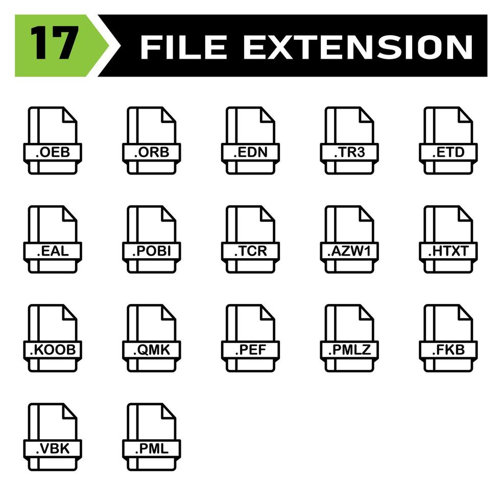 Symbolsatz für Dateierweiterungen umfasst oeb, orb, edn, tr3, etd, eal, pobi, tcr, azw1, htxt, koob, qmk, pef, pmlz, fkb, vbk, pml vektor