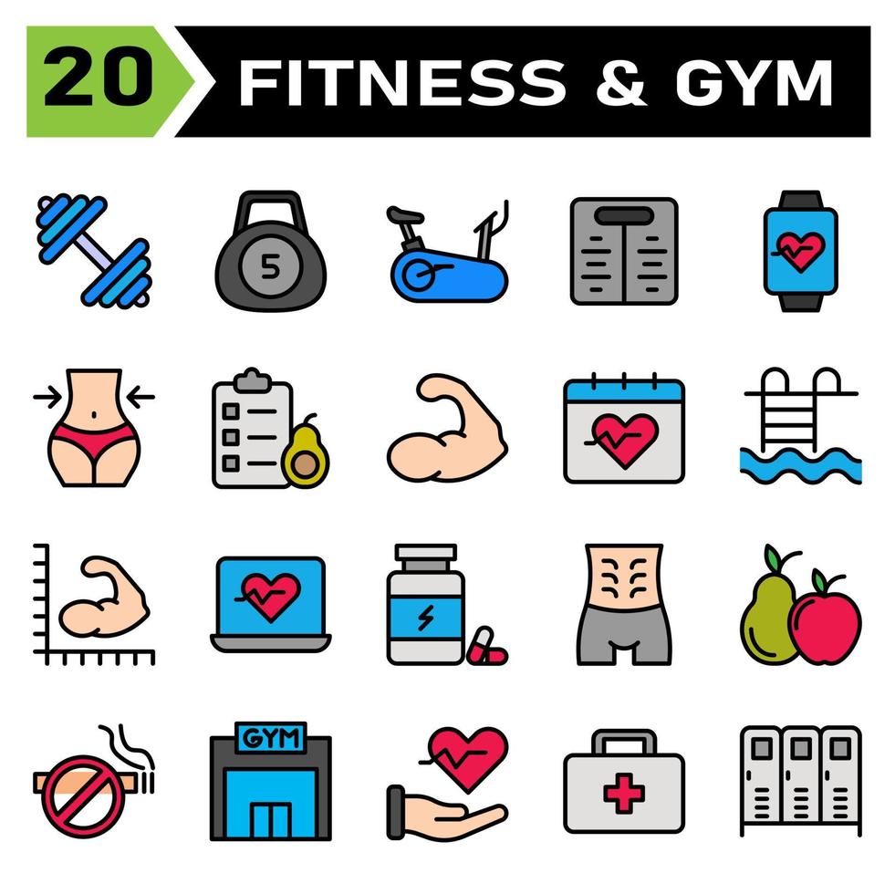 Gesundes und Fitness-Icon-Set umfasst Gewicht, Fitnessstudio, Ausrüstung, Training, Fahrrad, Waage, Smart, Uhr, Gerät, Herd, Ernährung, Körper, Taille, Avocado, Essen, Checkliste, Obst, Bodybuilder, Muskel, Kalender vektor