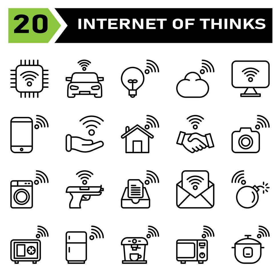 Das Symbolset für das Internet der Dinge umfasst Chip, Internet der Dinge, Prozessor, Chipsatz, Auto, intelligentes Auto, Lampe, Cloud, Computer, Computer, Desktop, Telefon, Handy, Hand, Verbindung, Zuhause, Haus, Vertrag vektor