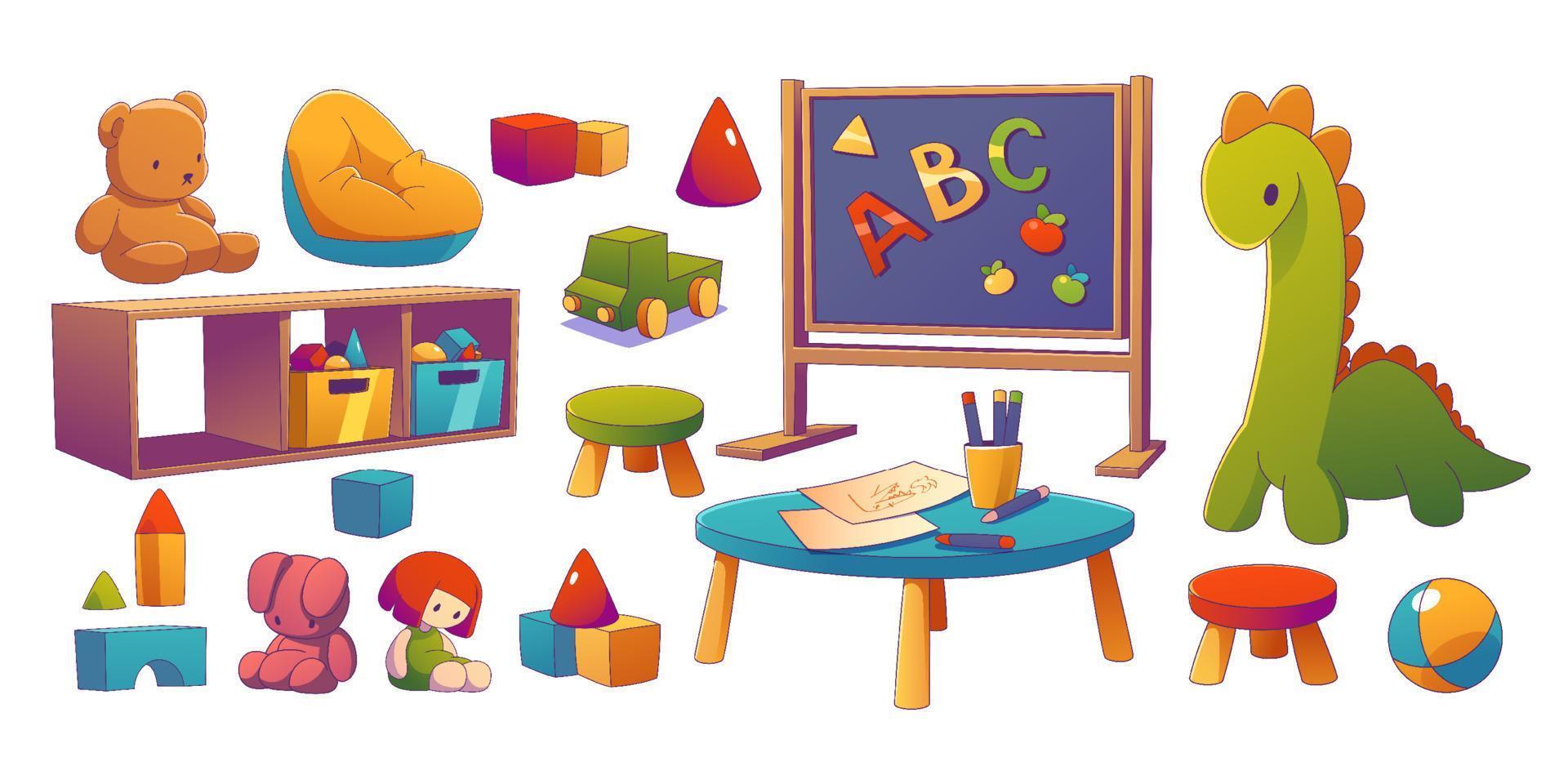 Kindergartenraum mit Tisch, Spielsachen, Tafel vektor