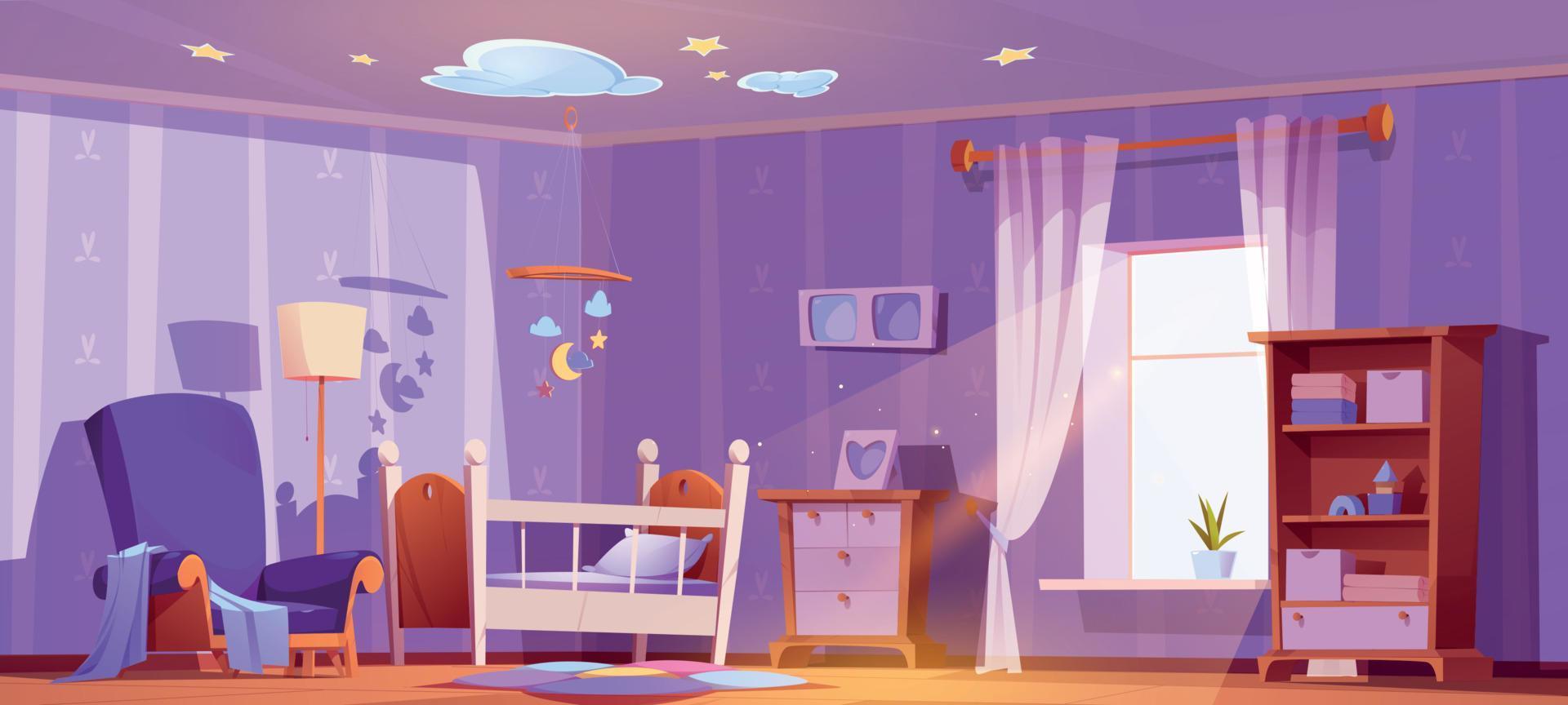 Kinderzimmer-Innenarchitektur mit Krippe, Spielzeug, Sessel vektor