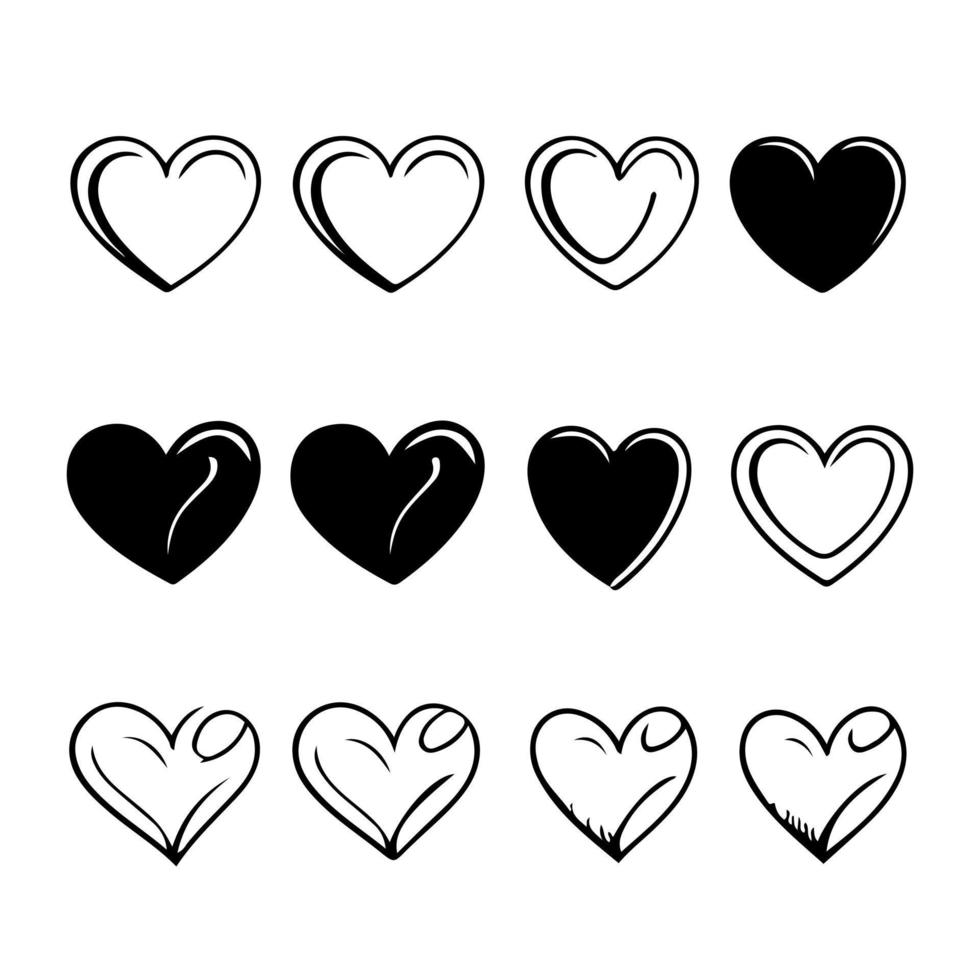 hand dragen hjärta hjärtan kärlek valentines dag klotter klottra svart linje konst skiss ikon uppsättning vektor