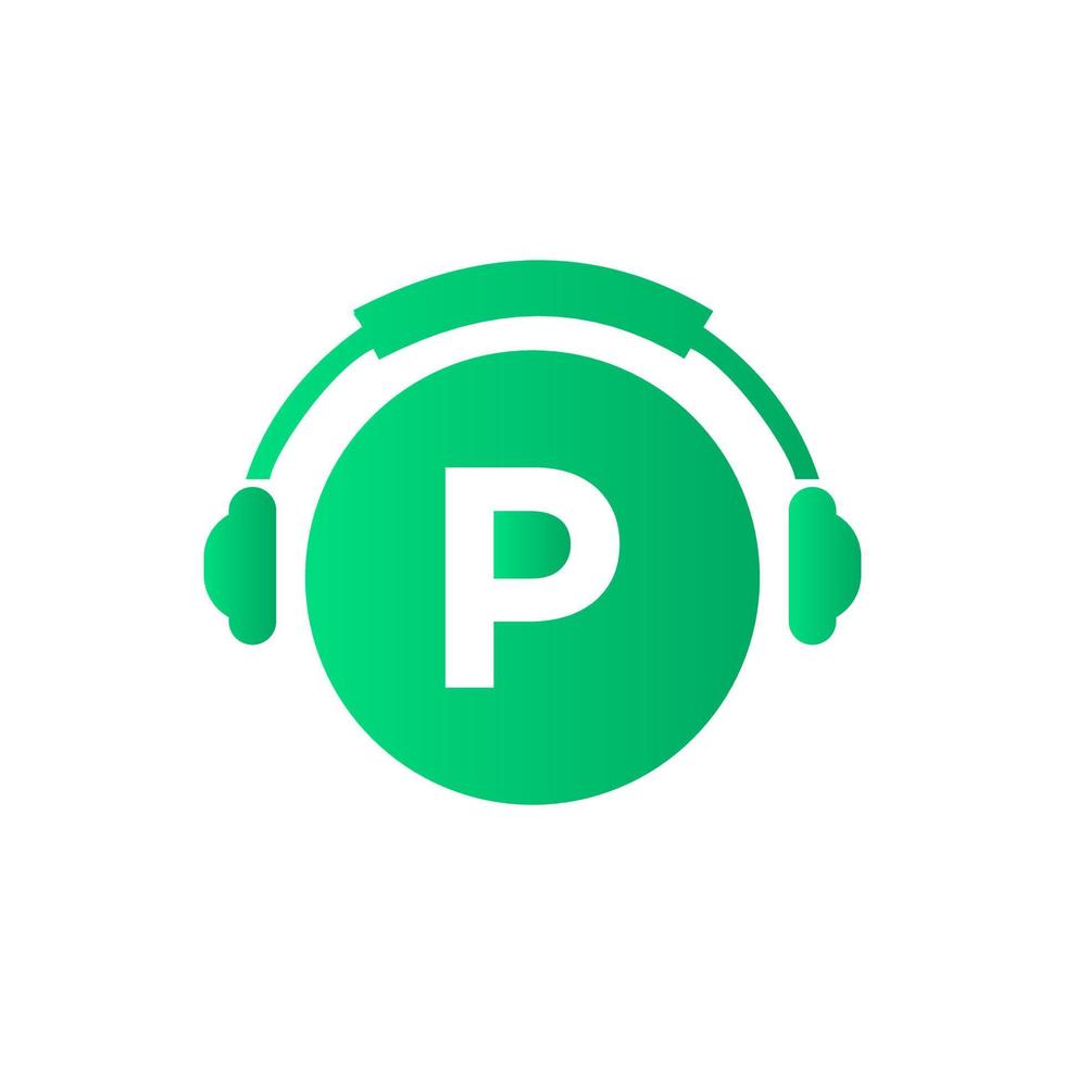 brev p musik logotyp design. dj musik och podcast logotyp design hörlurar begrepp vektor