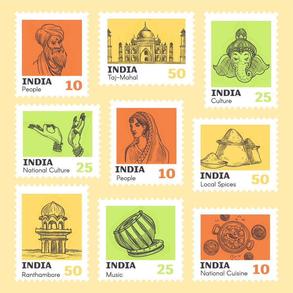 buntes Briefmarkenset mit indischem Element vektor