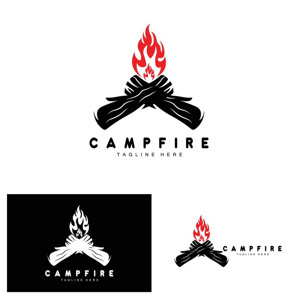 Lagerfeuer-Logo-Design, Camping-Vektor, Holzfeuer und Walddesign vektor