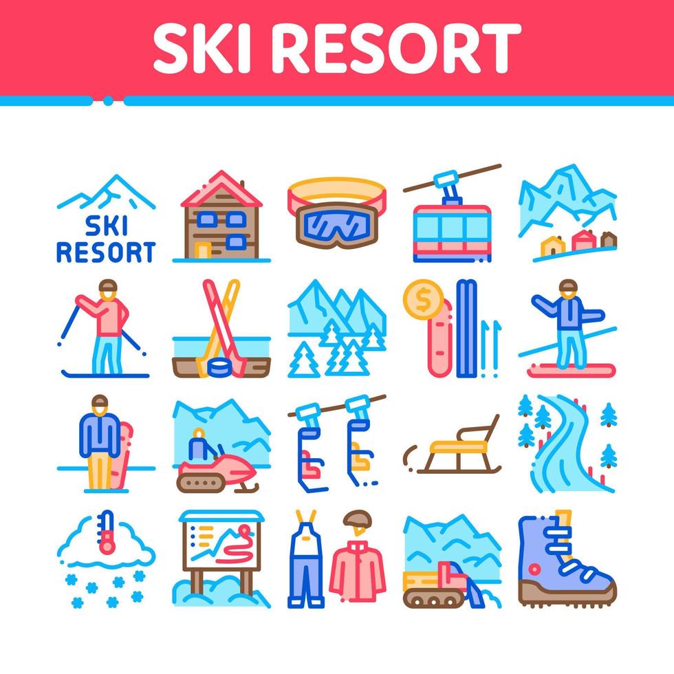 Skigebiet Urlaub Sammlung Icons Set Vektor