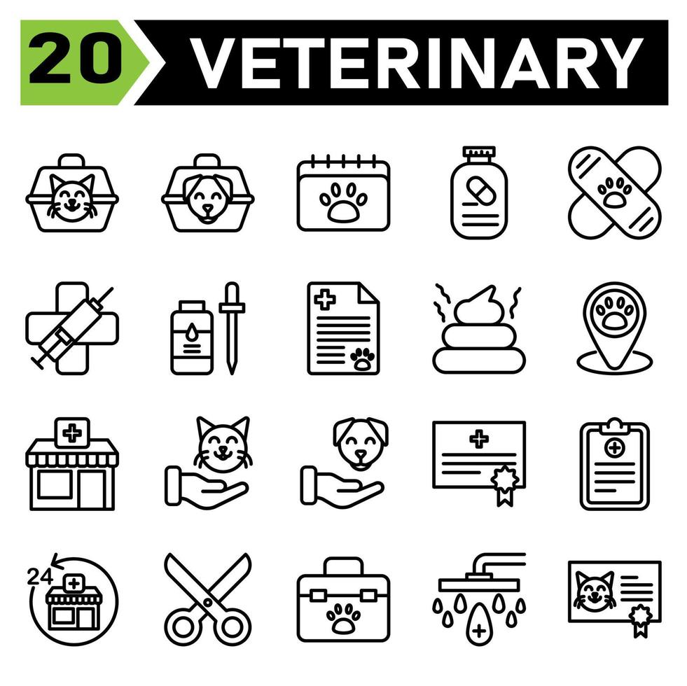Das Veterinär-Icon-Set umfasst Träger, Tierarzt, Haustier, Box, Katze, Hund, Kalender, Termin, Tierarzt, Zeitplan, Medikamente, Nahrungsergänzungsmittel, Vitamin, Impfstoff, Bandie, Klinik, Sanitäter, Spritze, Virus, Flucht vektor