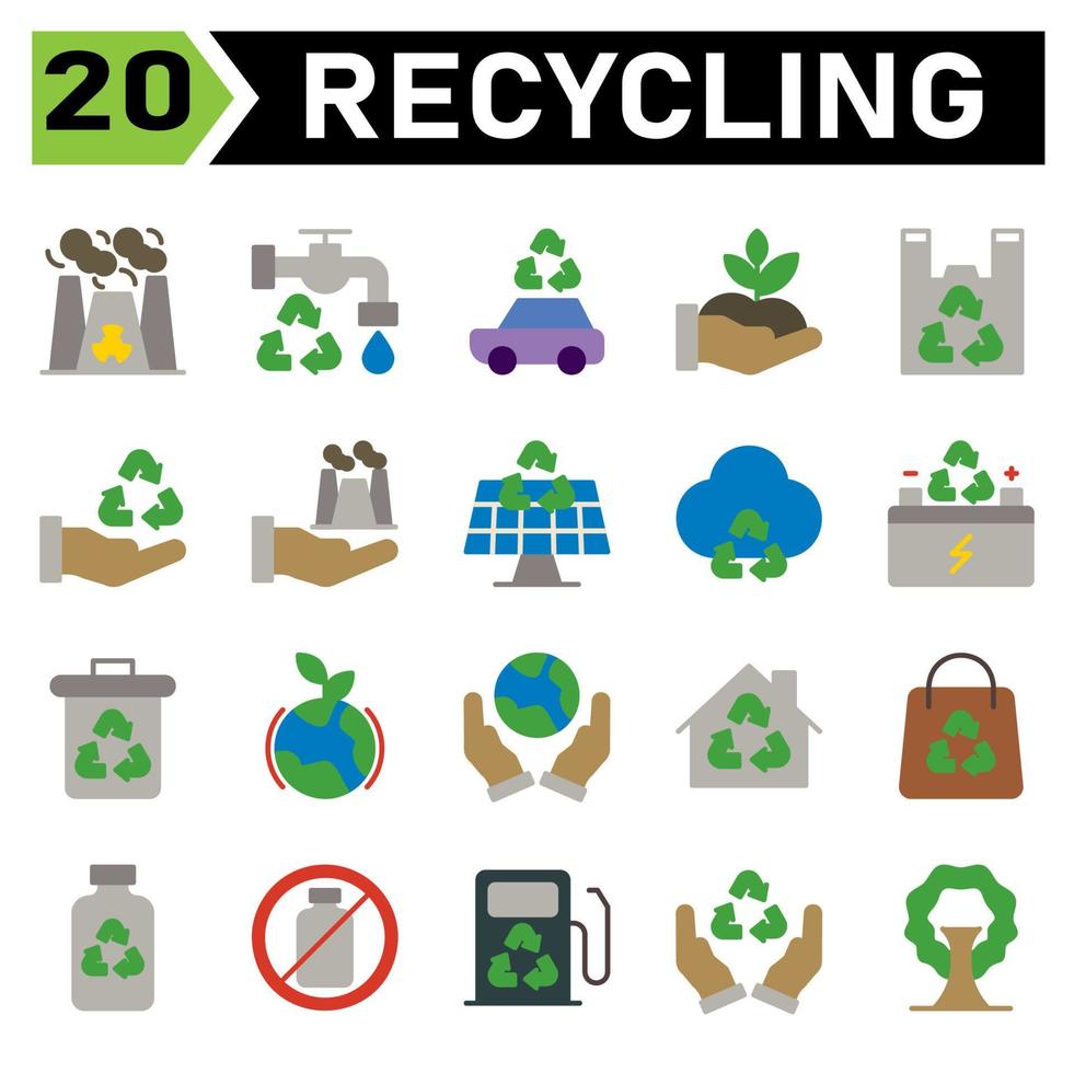 ekologi och återvinna ikon uppsättning inkludera kärn, radioaktiv, strålning, toxisk, kraft, kran, vatten, ekologi, eko, fordon, återvinning, bil, transport, hade, vänlig, växt, natur, plast, väska vektor
