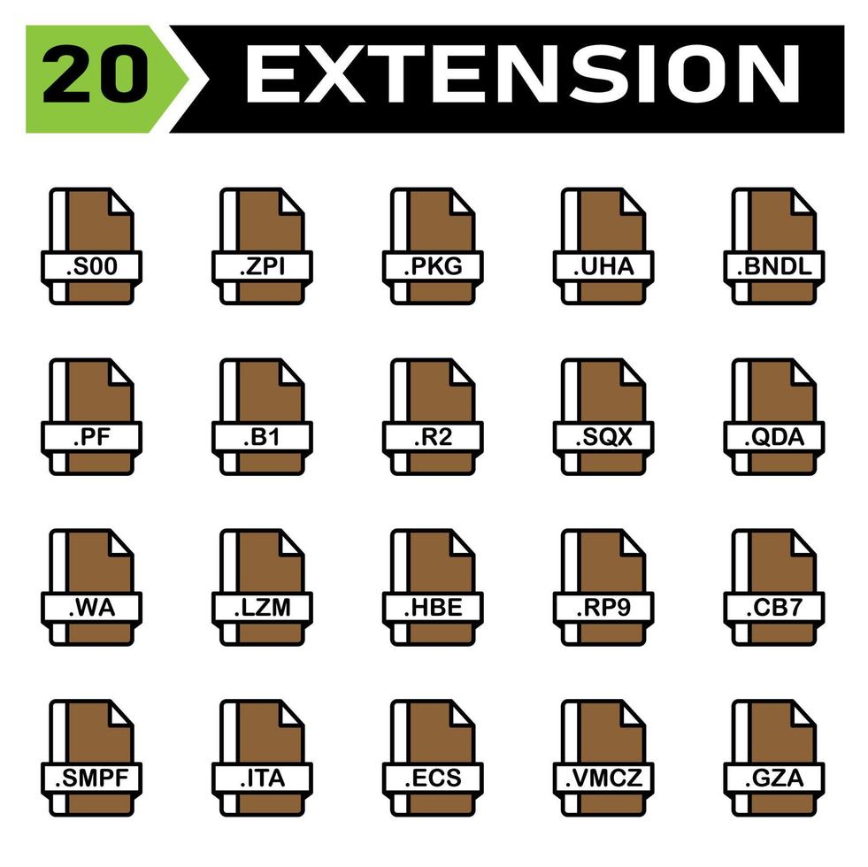 Dateierweiterungssymbolsatz enthält Datei, Dokument, Erweiterung, Symbol, Typ, Satz, Format, Vektor, Symbol, Design, Grafik, Software, Zeichen, Anwendung, Bild, Etikett, s00, zpi, pkg, uha, bndl, pf, b1 , r2 vektor