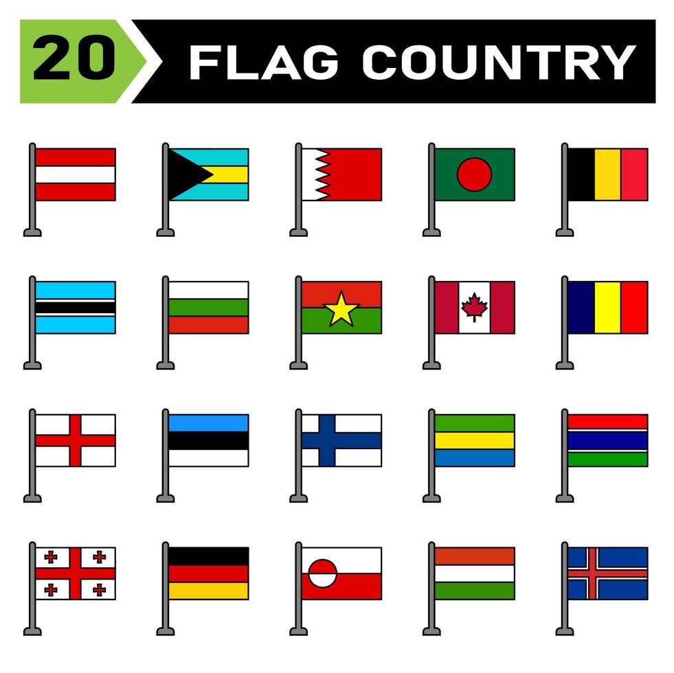 flagga Land ikon uppsättning inkludera flagga, Land, Österrike, symbol, Bahamas, Bahrain, Bangladesh, Belgien, botswana, bulgarien, burkina, Kanada, Tchad, England, estland, Finland, gabon, gambia, georgien vektor