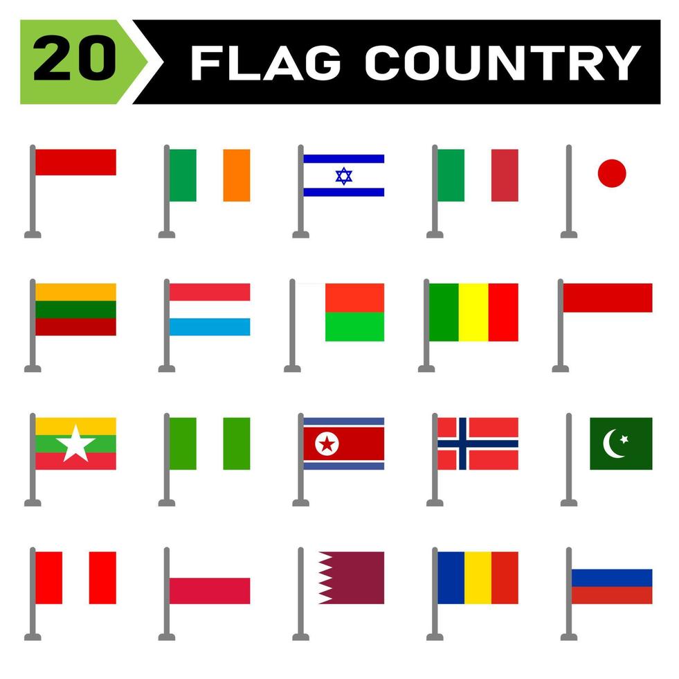 Flag Country Icon Set umfasst Land, Flagge, Symbol, National, Reise, Illustration, Nation, Symbol, Vektor, Emblem, Satz, Zeichen, Kontinent, International, alle, Indonesien, Irland, Israel vektor