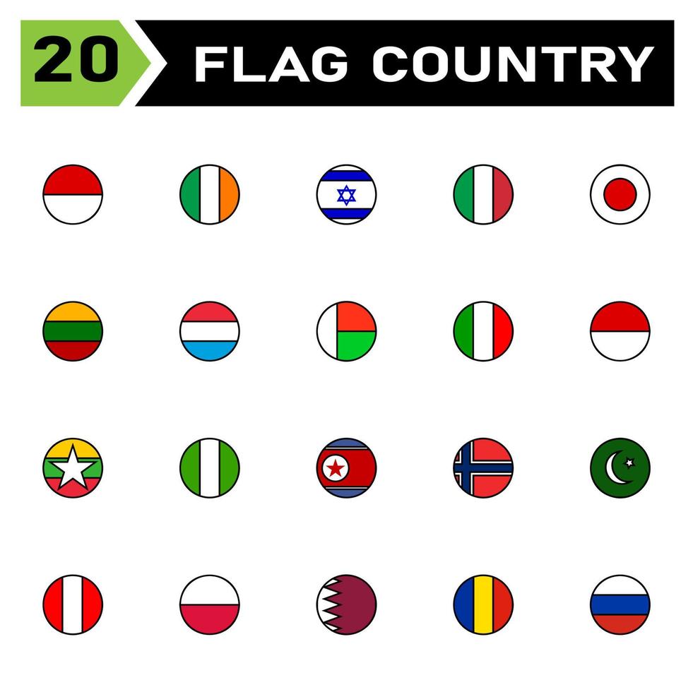 Flag Country Icon Set umfasst Land, Flagge, Symbol, National, Reise, Illustration, Nation, Symbol, Vektor, Emblem, Satz, Zeichen, Kontinent, International, alle, Indonesien, Irland, Israel vektor