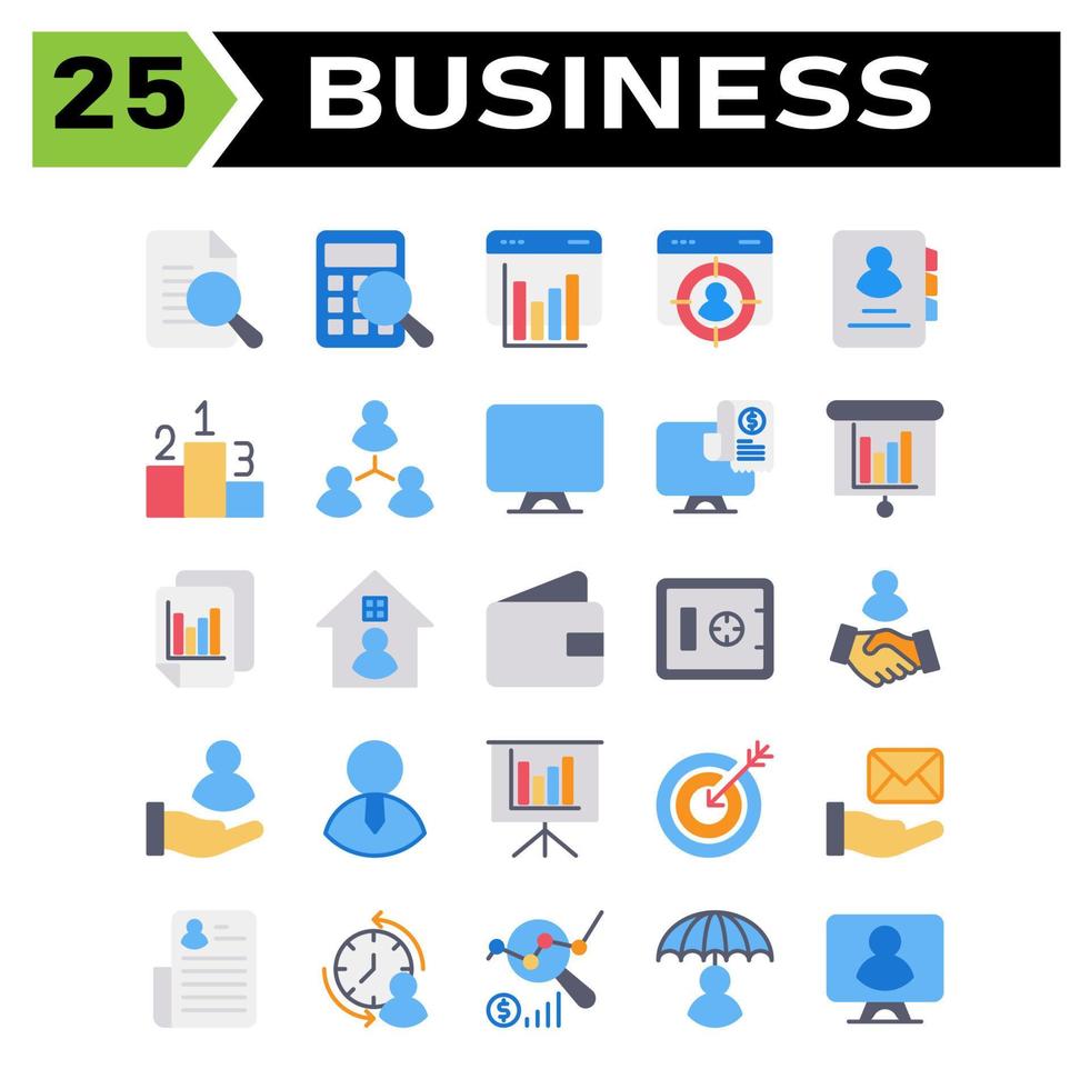 Office Business Icon Set umfasst Dokument, Suche, verifiziert, Forschung, Geschäft, Buchhaltung, Taschenrechner, Berechnung, Finanzen, digitales Marketing, Diagramm, Web, Analytik, Präsentation, Ziel, Mitarbeiter vektor