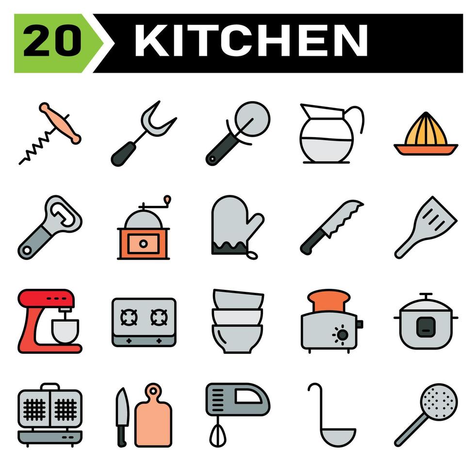 kök Utrustning ikon uppsättning inkludera korkskruv, flaska, öppnare, vin, Utrustning, träsnideri, rista, gaffel, kök, redskap, fräs, pizza, skära, kaffe, karaff, pott, dryck, Tryck, klämma, citron, citrus- vektor